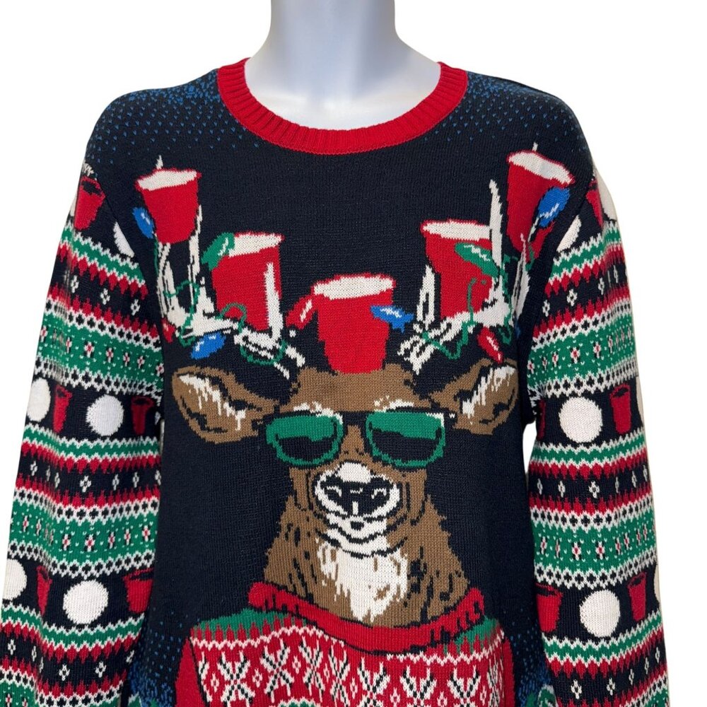 Ugly Christmas Sweater Beer Pong Mens XL Holiday Funny Party Contest Sunglasses - Picture 2 of 7